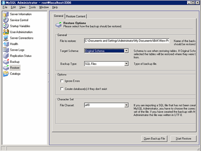 MySQLでのリストア画面