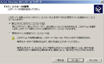 ドメインコントローラのインストール（ドメインコントローラの種類）