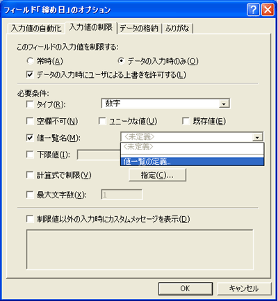 フィールドオプションの画面