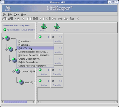 LifeKeeper GUIの「Out of Service」によりOracleのサービスを停止
