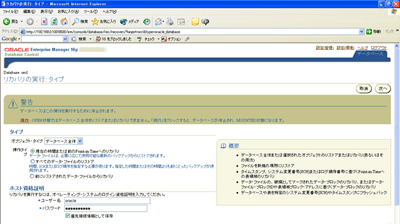 リカバリの実行設定画面