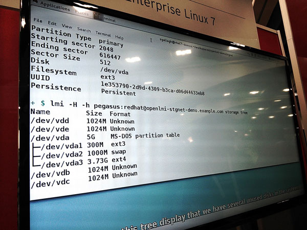 2014年4月にサンフランシスコで開催されたRed Hat Summit 2014のレッドハット社の展示ブースで披露されたOpenLMIのデモの様子。RHEL7で認識されたストレージデバイスをOpenLMIで簡単に管理できることが紹介されていた