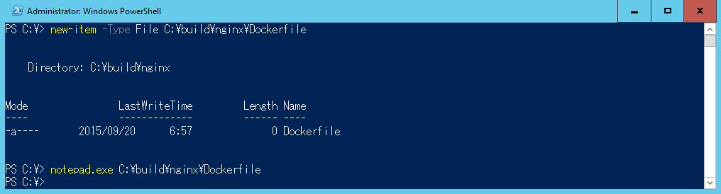 空のDockerfileを作成し、メモ帳で編集