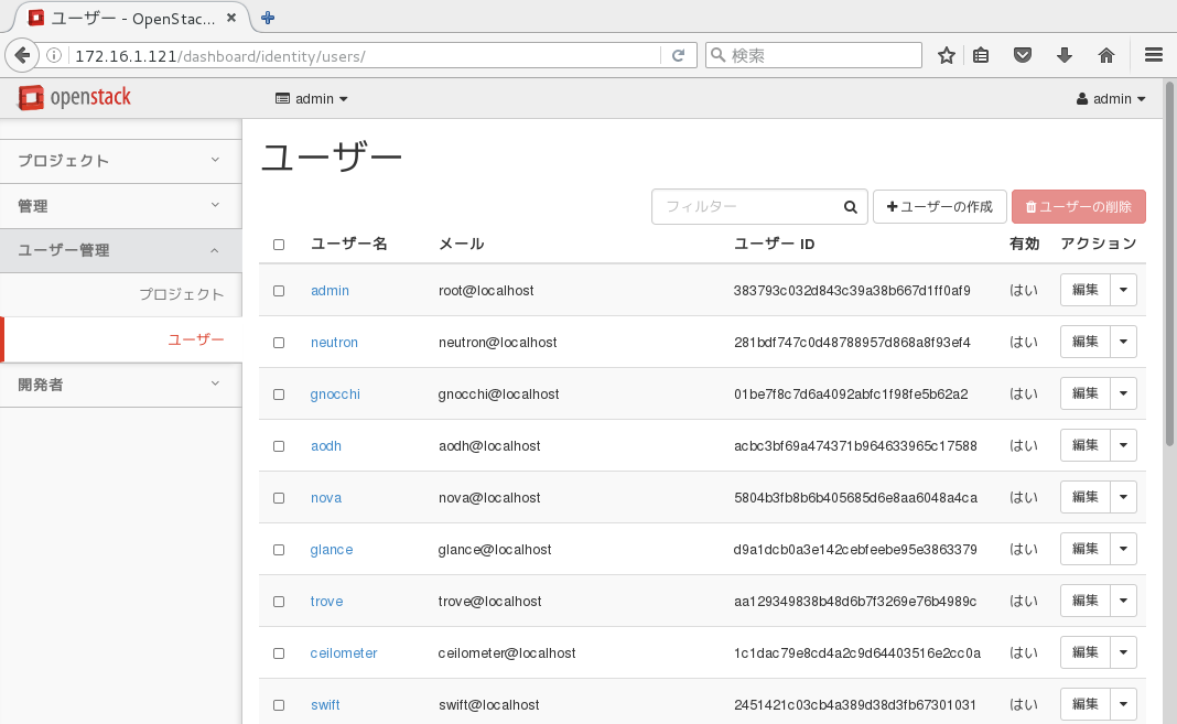ユーザーの一覧表示(図の説明:インストールしたコンポーネントによって表示されるユーザーが異なる)