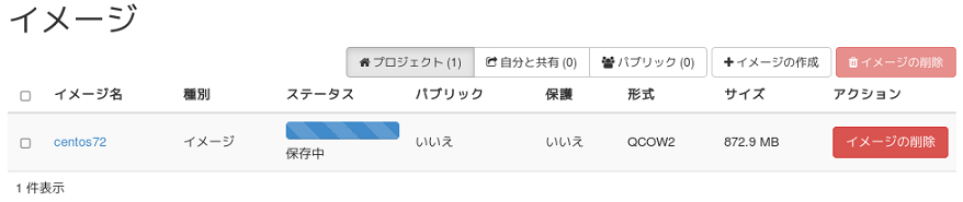 OSの雛形となるイメージファイルをOpenStackクラウド基盤に登録している様子。OSの雛形となるイメージファイルのサイズが大きい場合は、登録完了までにしばらく時間がかかる