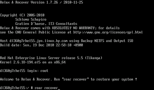 図15: ReaRリカバリーCDによるリカバリの様子。rootでログインし、シェル上でrear recoverと入力することにより、NFSサーバーからリストアが行われる